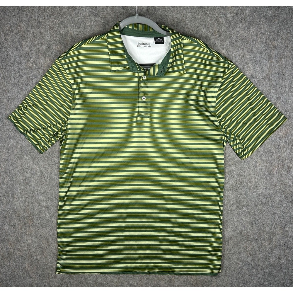 Backspin Golf Threads Mens XL Green Yellow Striped Performance Golf Polo